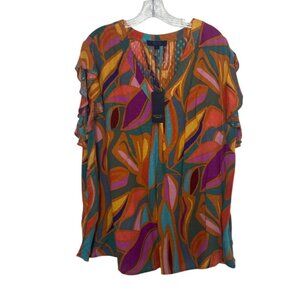 Rachel Rachel Roy VNeck Shirt Blouse Ruffle Sleeves Womens 3X Multicolor Leaf Pr